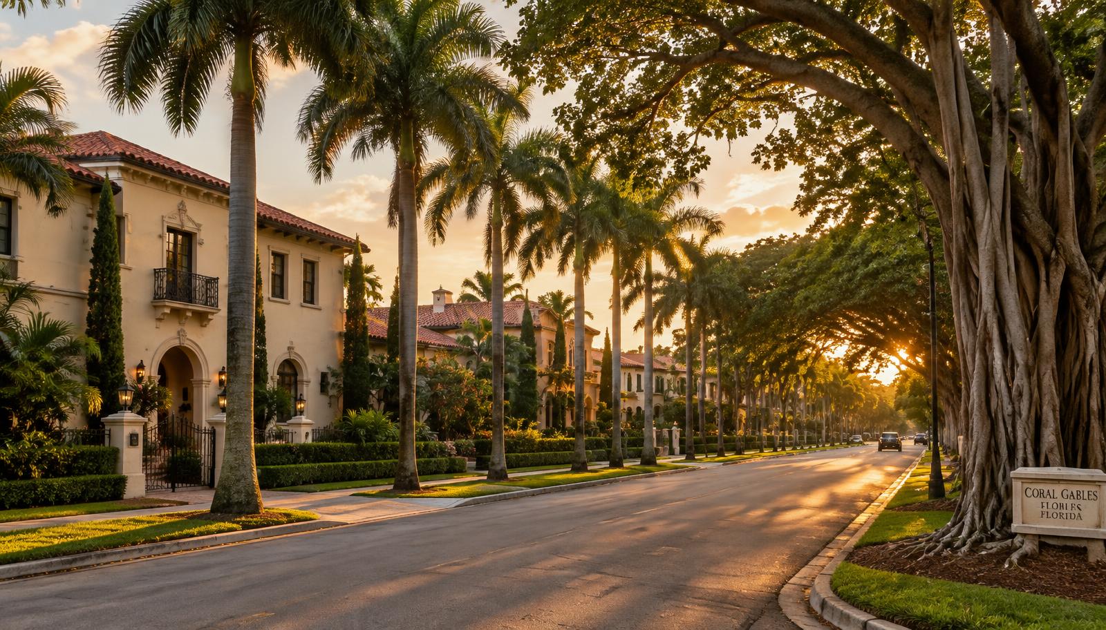 Tree-lined residential street in Coral Gables, Florida