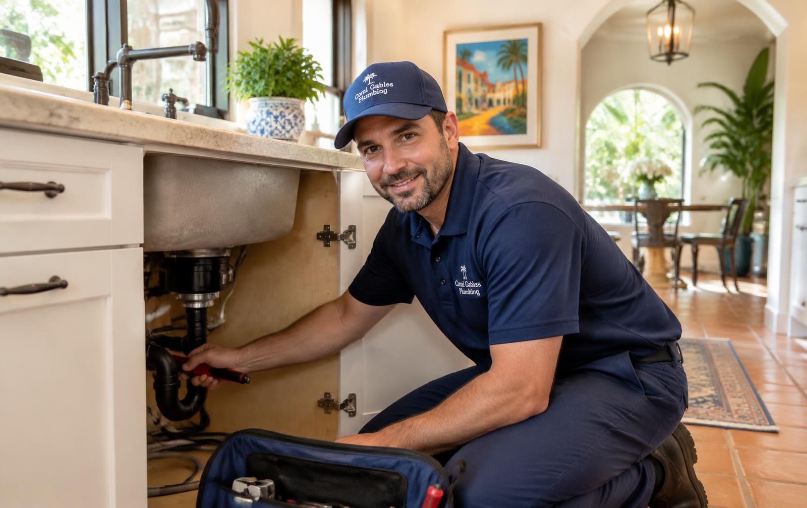 Coral Gables Plumbing technician repairing a kitchen sink